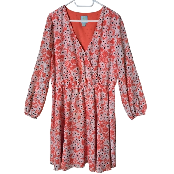 CeCe By Cynthia Steffens Coral Pop Gemma Surplice Long Sleeve Dress Size 12 - Picture 2 of 15